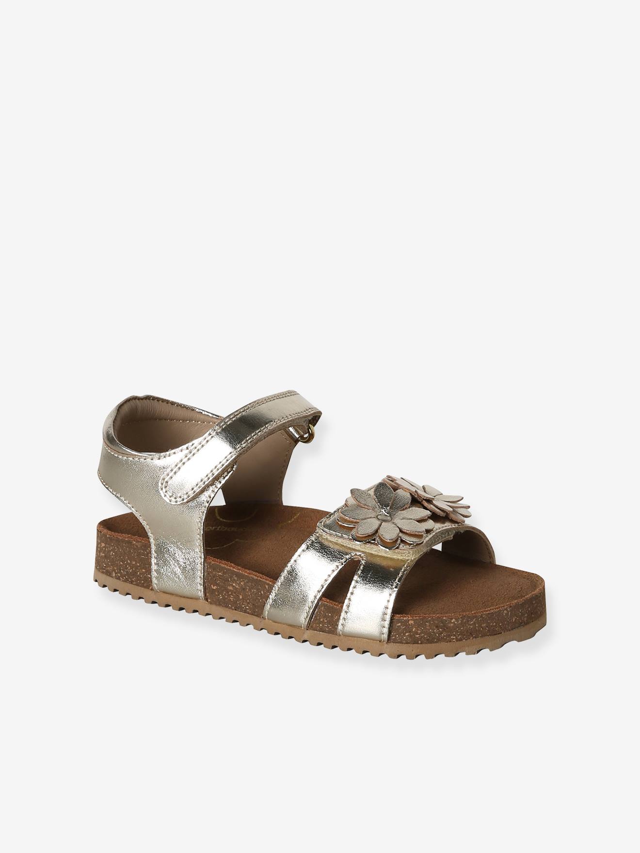 Sandale ouverte fleur cuir or