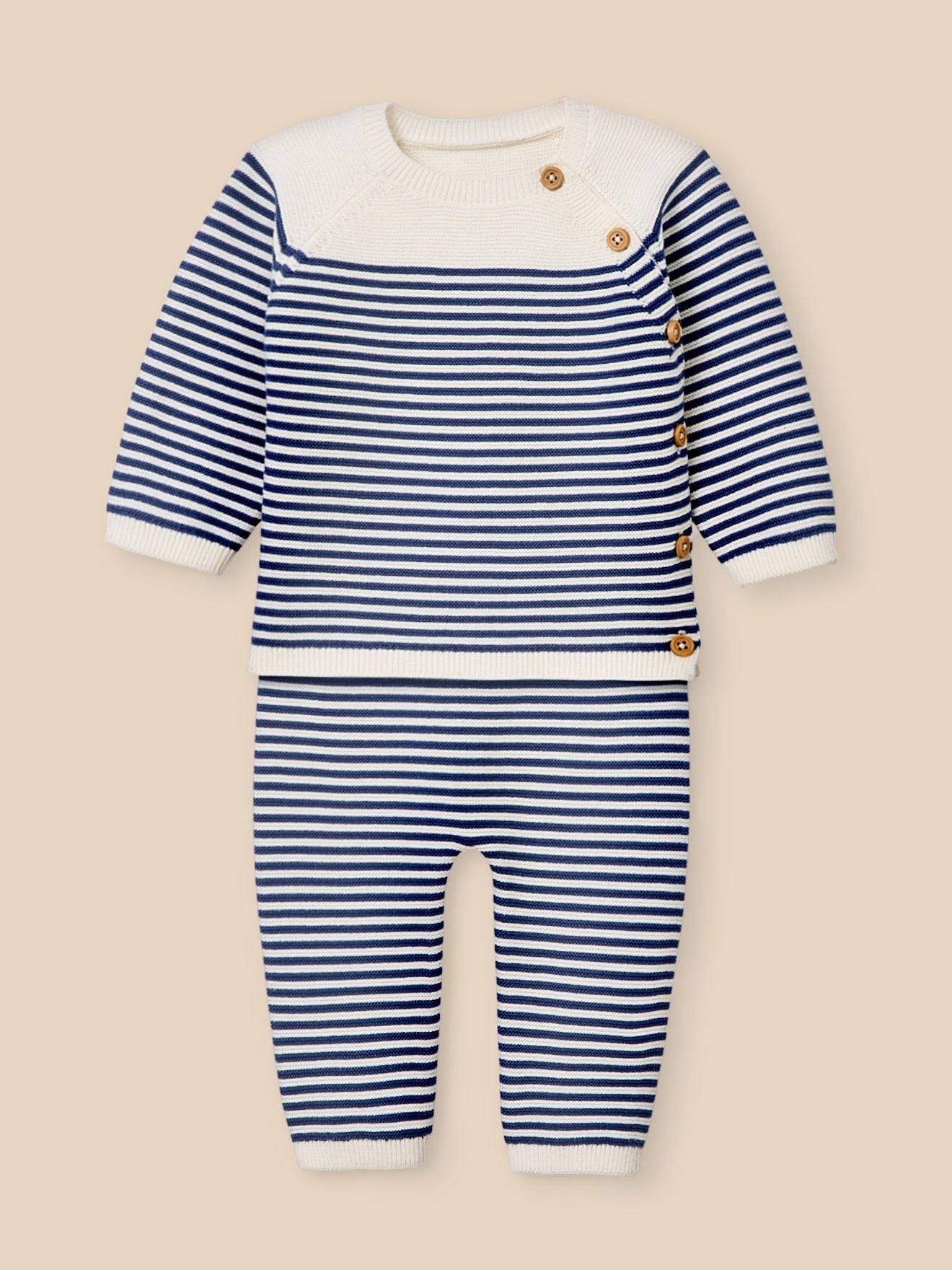 Ensemble En Tricot Bébé - Coton Biologique Rayure Bleue
