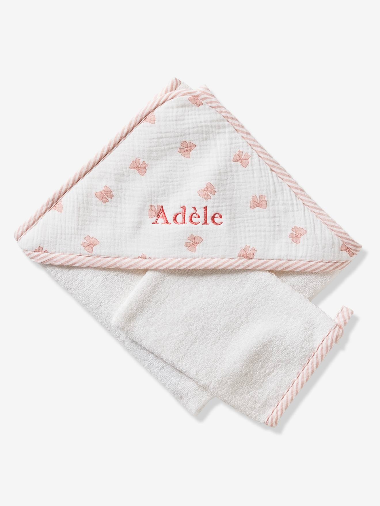Cape de bain personnalisable et gant de toilette NOEUDS blanc imprimé (Vertbaudet) - Image 2