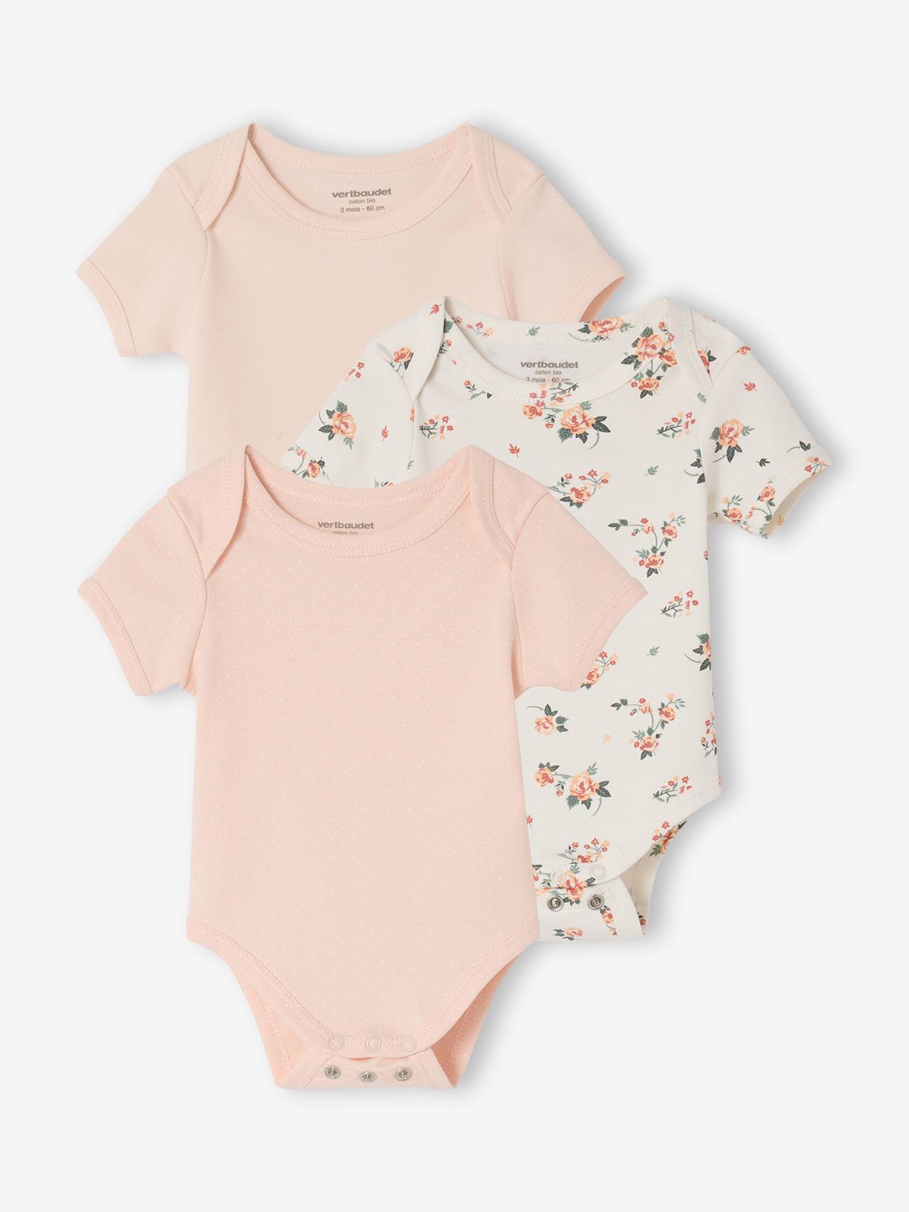 Lot 3 bodies bébé manches courtes rose pâle