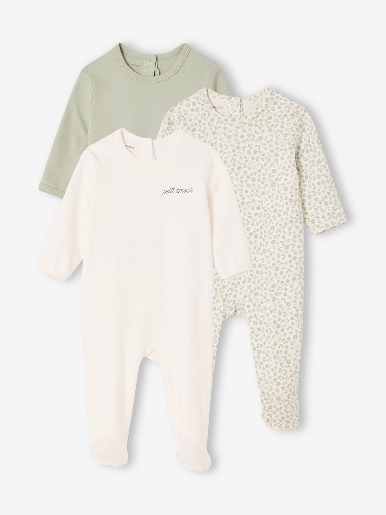 Lot 3 pyjamas bébé en coton bio vert sauge