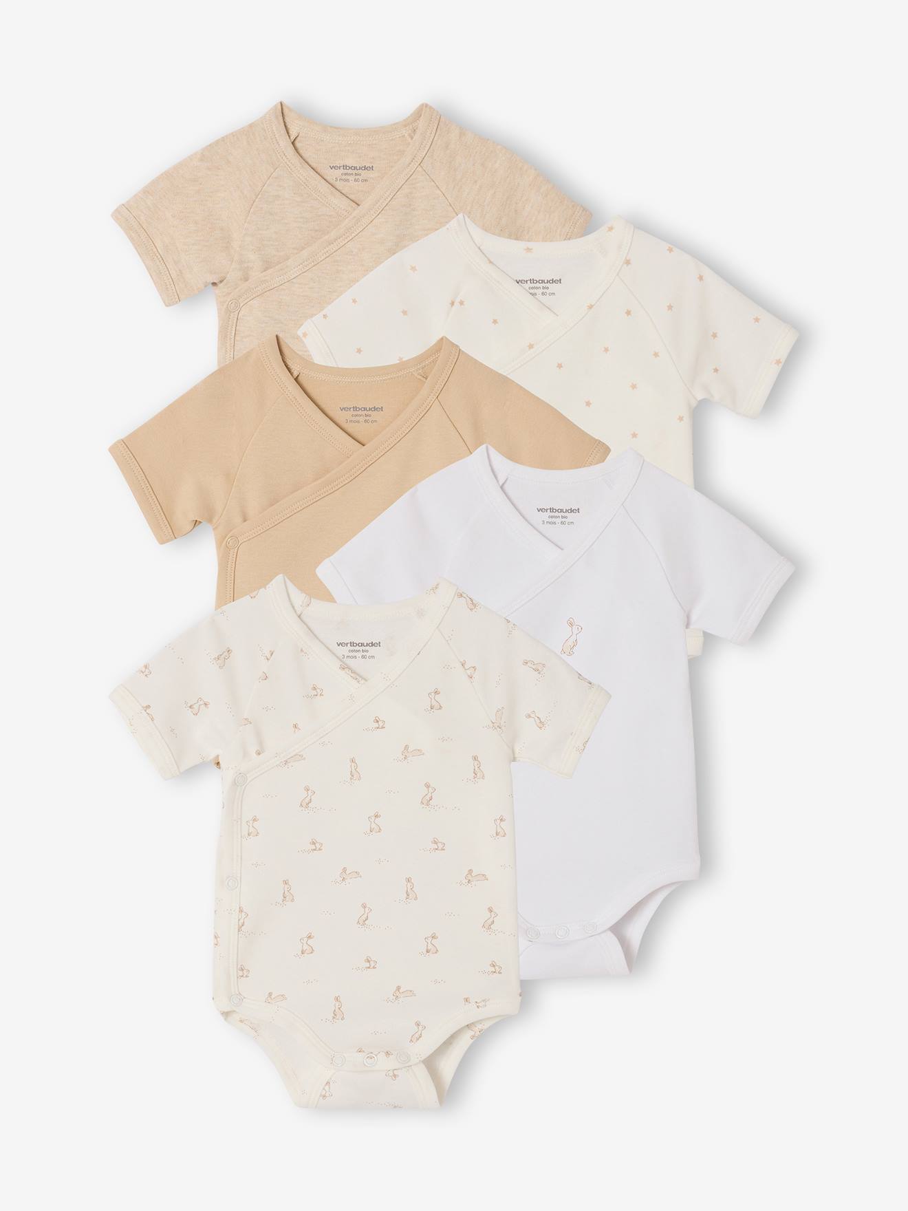 Lot 5 bodies bébé manches courtes lapin gris chiné