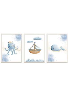 Lot 3 cadres muraux enfant poulpe, bateau et baleine  - vertbaudet enfant