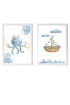 Lot 2 cadres muraux enfant poulpe et bateau  - vertbaudet enfant
