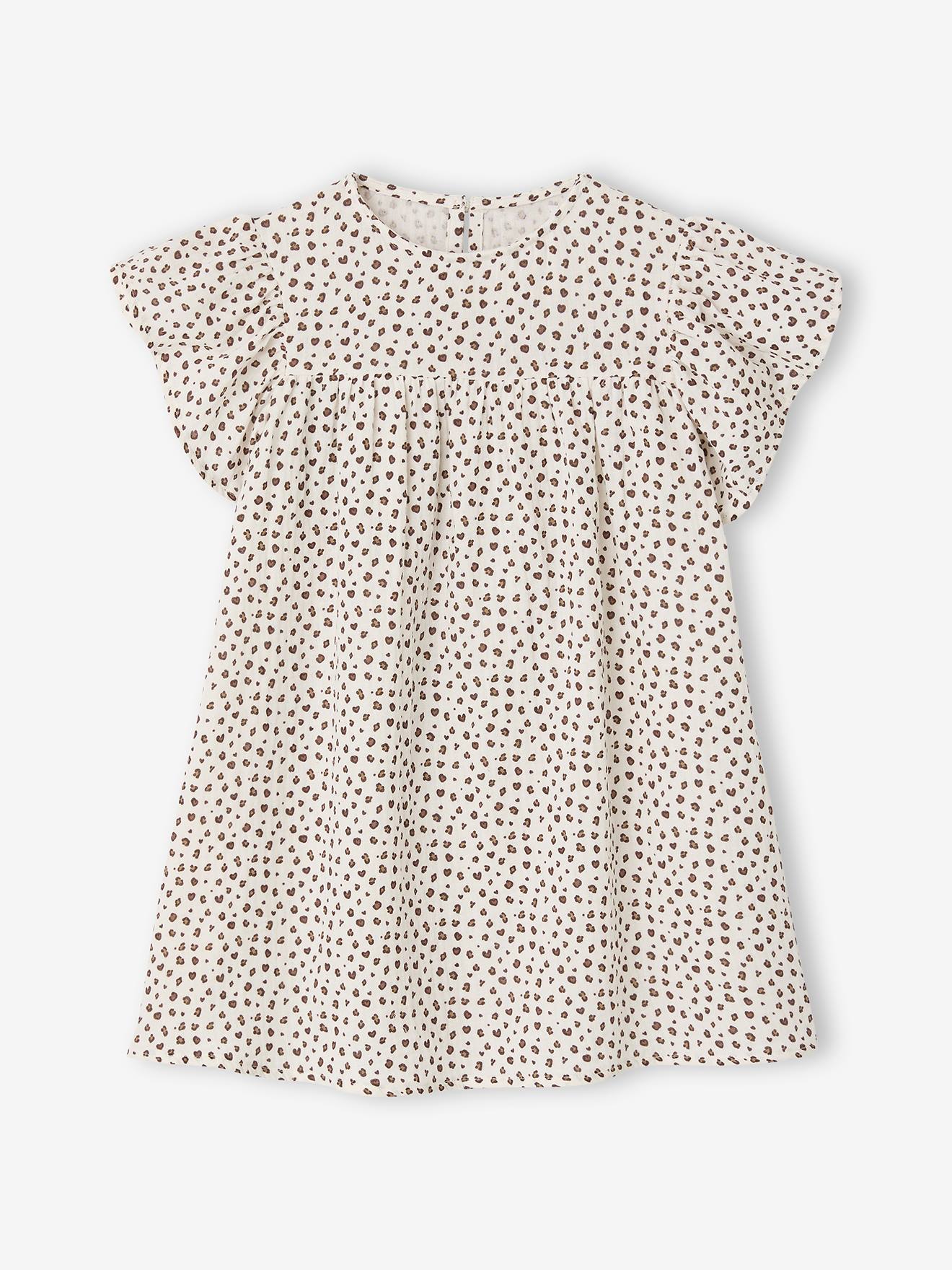 Robe fille en gaze de coton imprimée beige