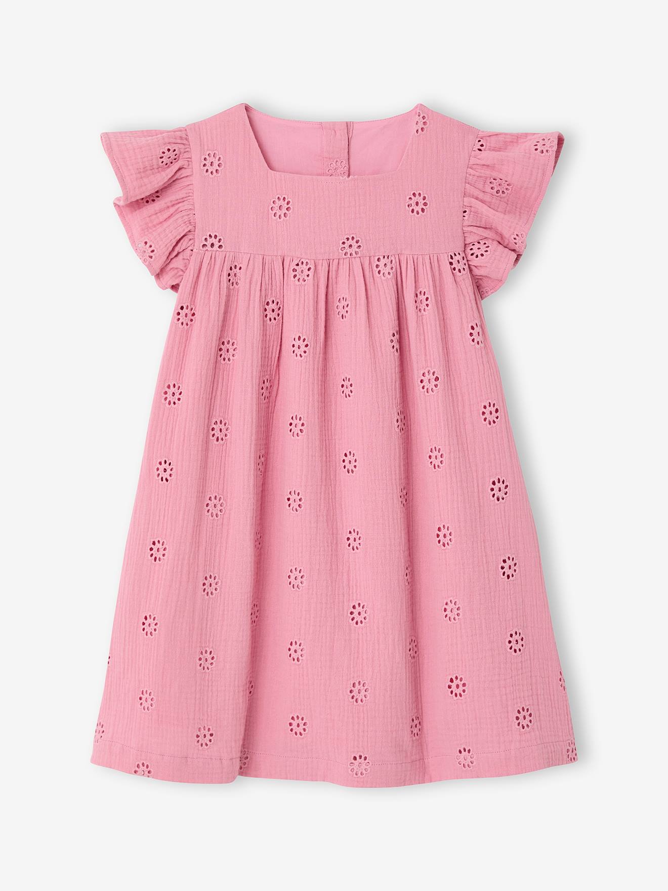 Robe fille gaze de coton brode fleurs vieux rose 16 €