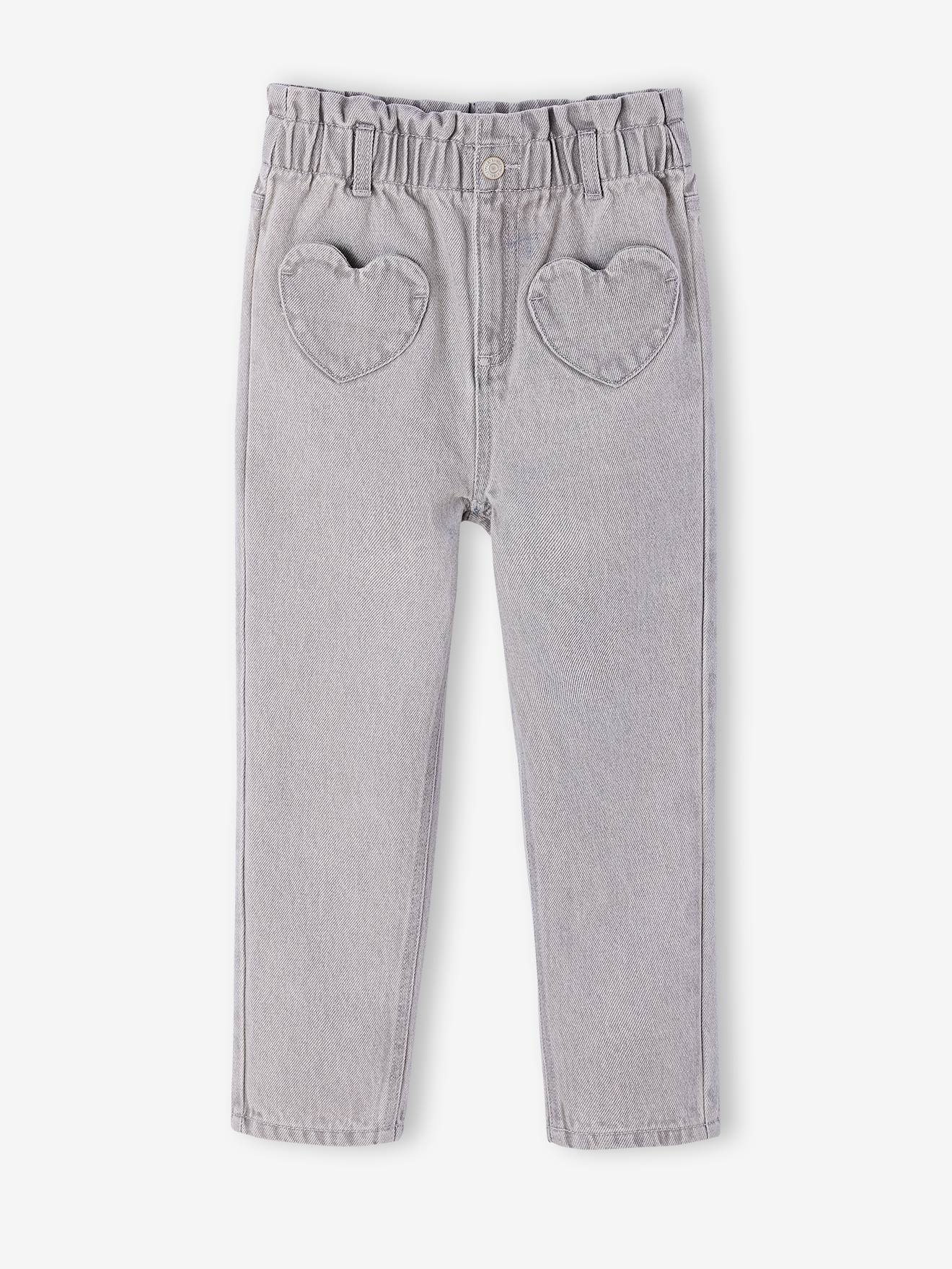 Jean fille paperbag poches coeur denim gris