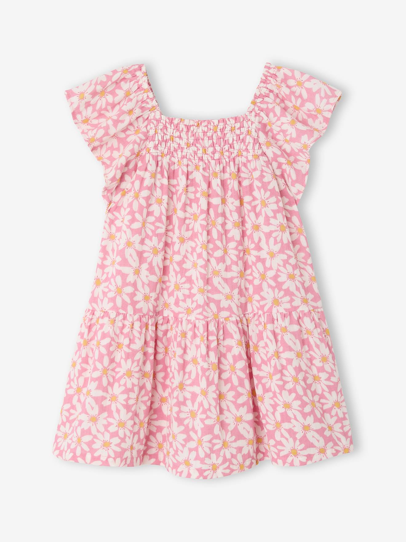 Robe fille à smocks imprimée fleurs rose poudré