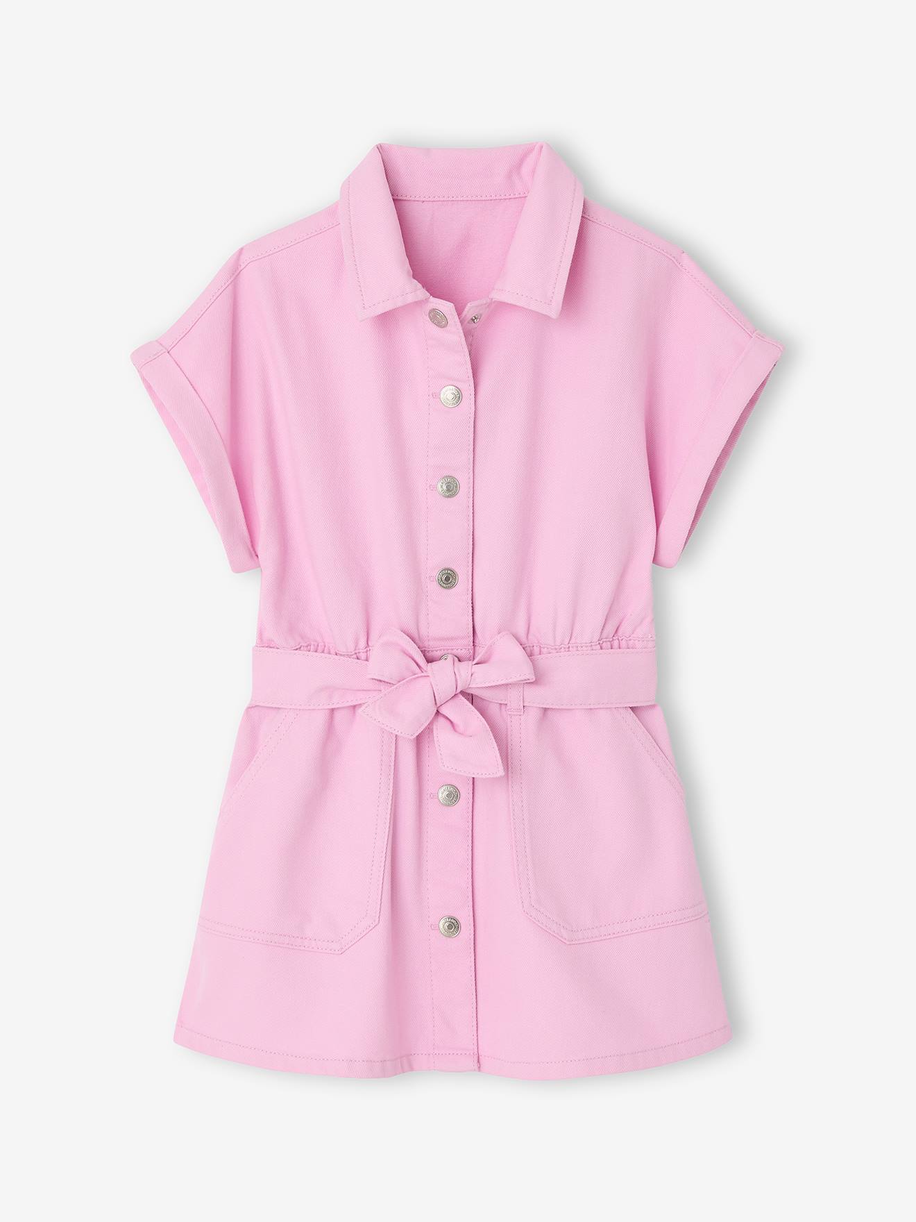 Robe ceinturée fille en twill coton mauve