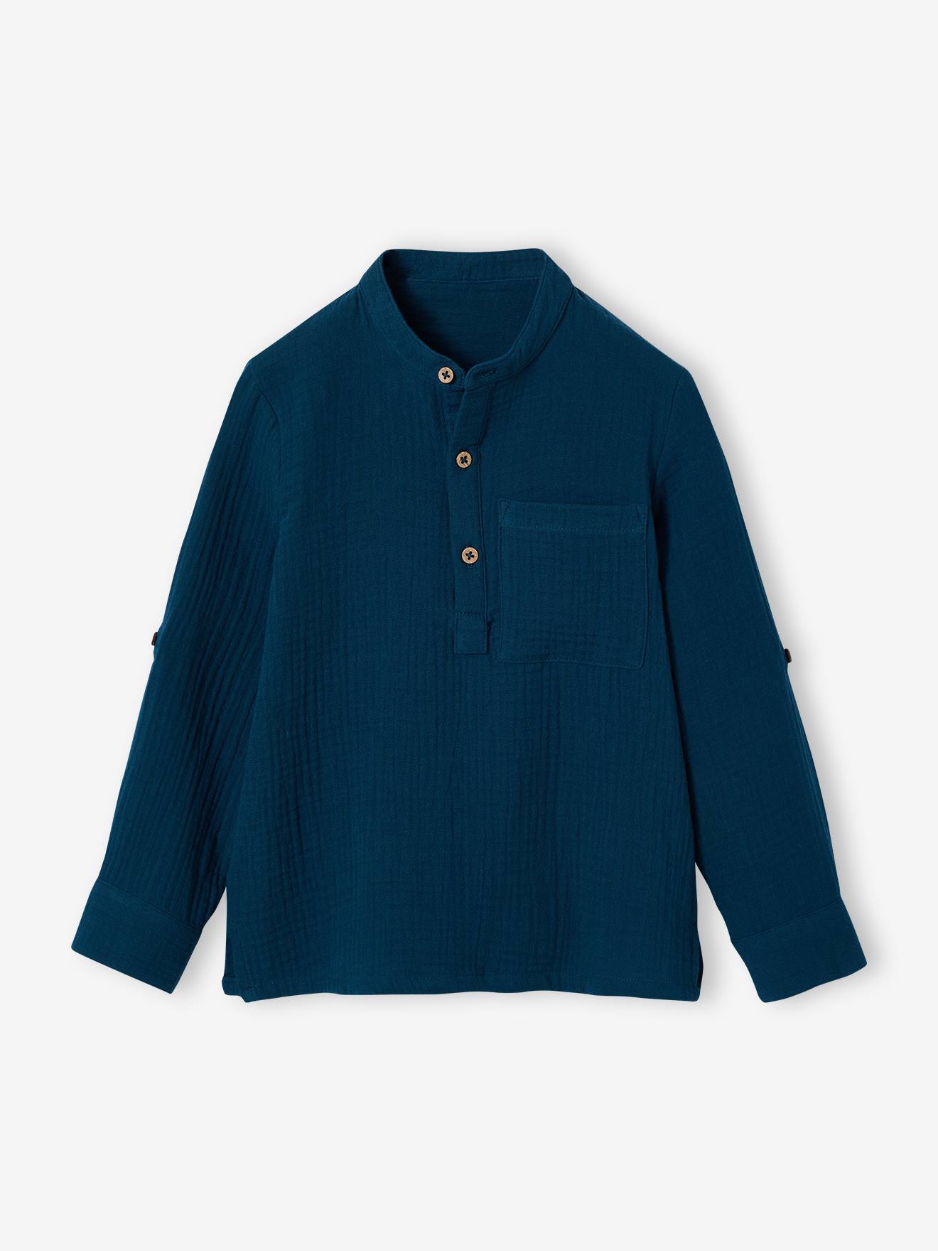 Chemise en gaze de coton personnalisable garçon manches retroussables bleu pétrole