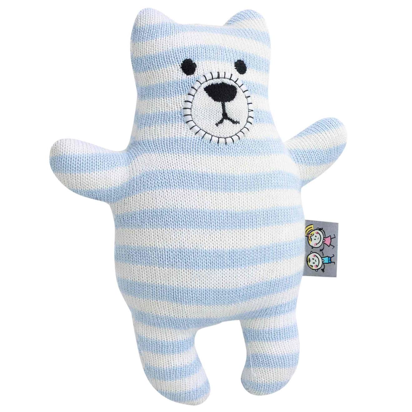 Peluche Doudou Ourson En Coton Tricoté Bleu