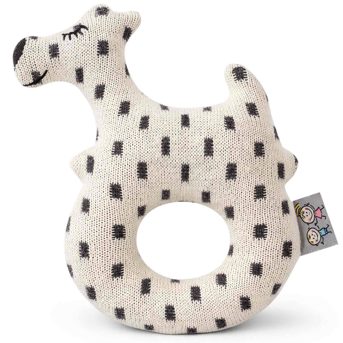 Hochet tricoté en coton bio beige, chien