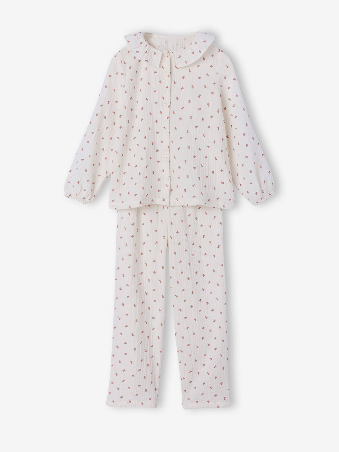 Pyjama fille gaze de coton fleurs écru