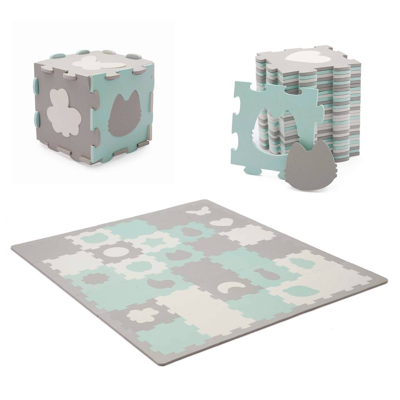Tapis Mousse Puzzle 3d Kinderkraft Luno Shapes Avec 30 Puzzles Modulables, Surface Antidérapante Et Formes 3d Menthe