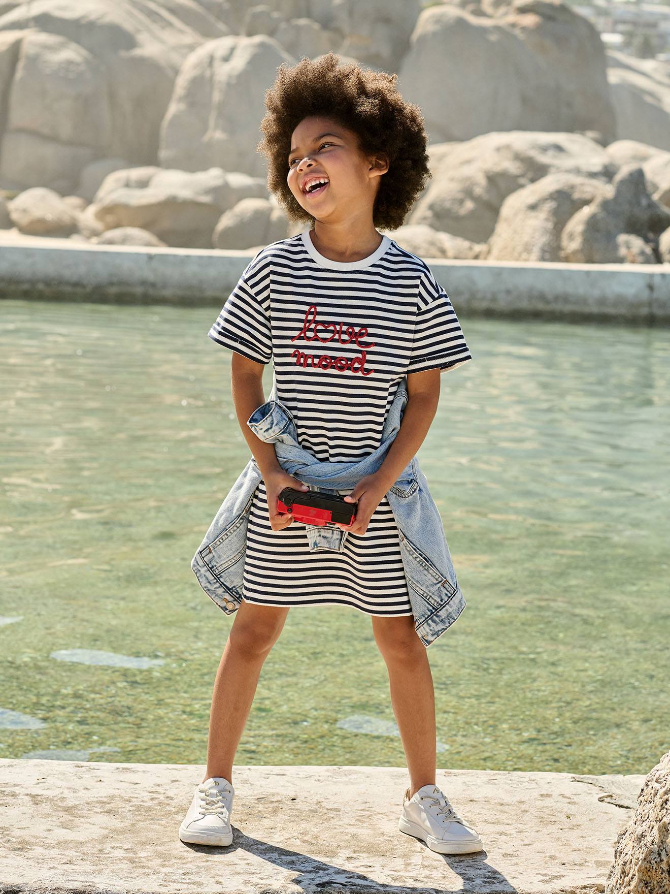 Robe fille en molleton léger motif rayé bleu