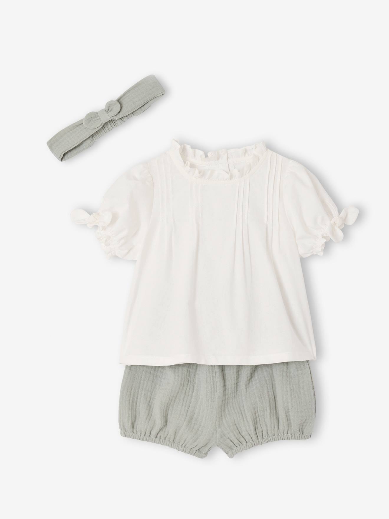 Ensemble 3 pièces bébé fille coton vert sauge