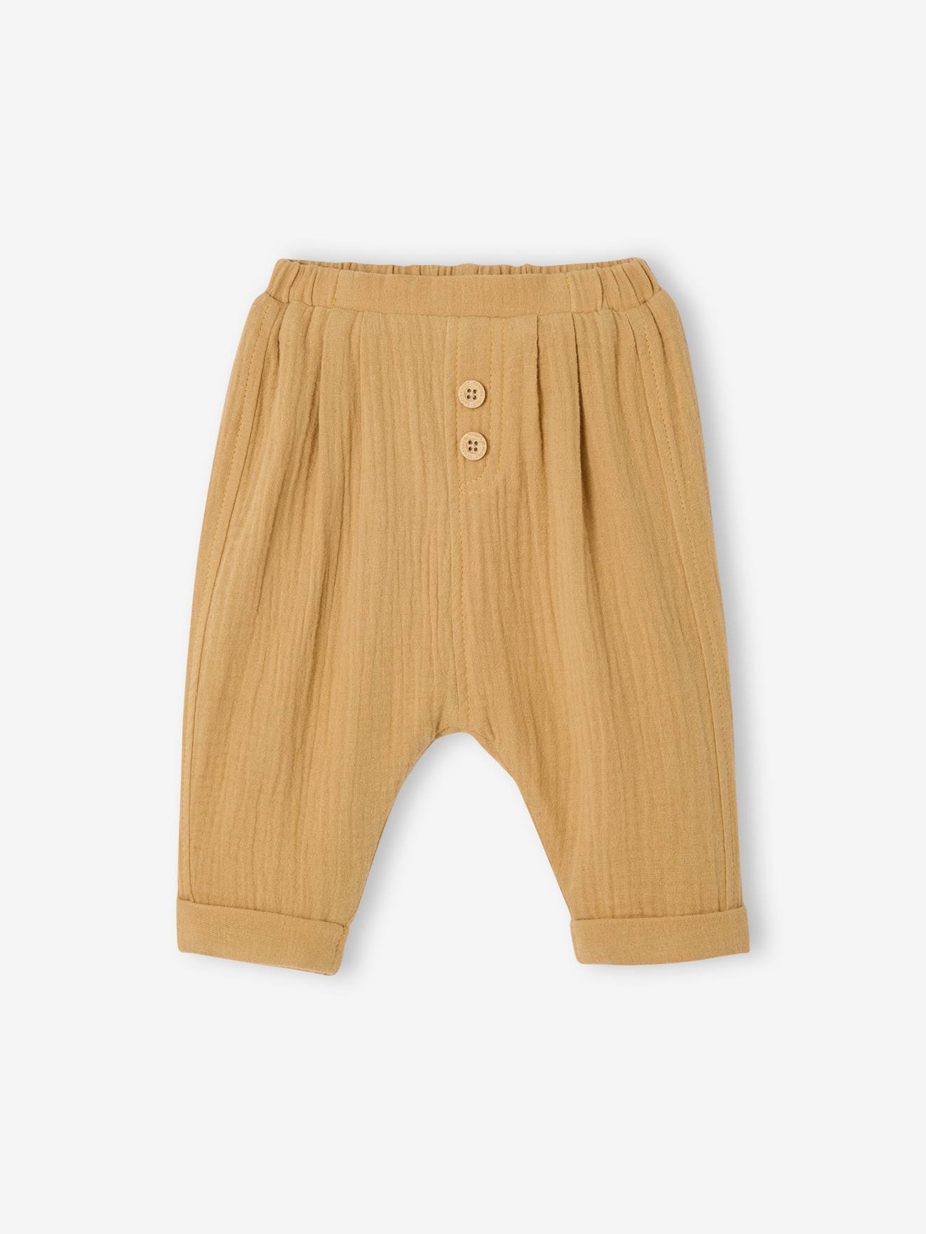 Pantalon bébé mixte coupe sarouel en gaze de coton jaune