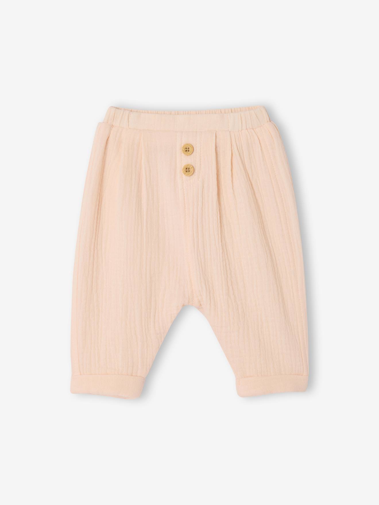 Pantalon bébé mixte coupe sarouel en gaze de coton rose Pantalon bébé mixte coupe sarouel en gaze de coton rose