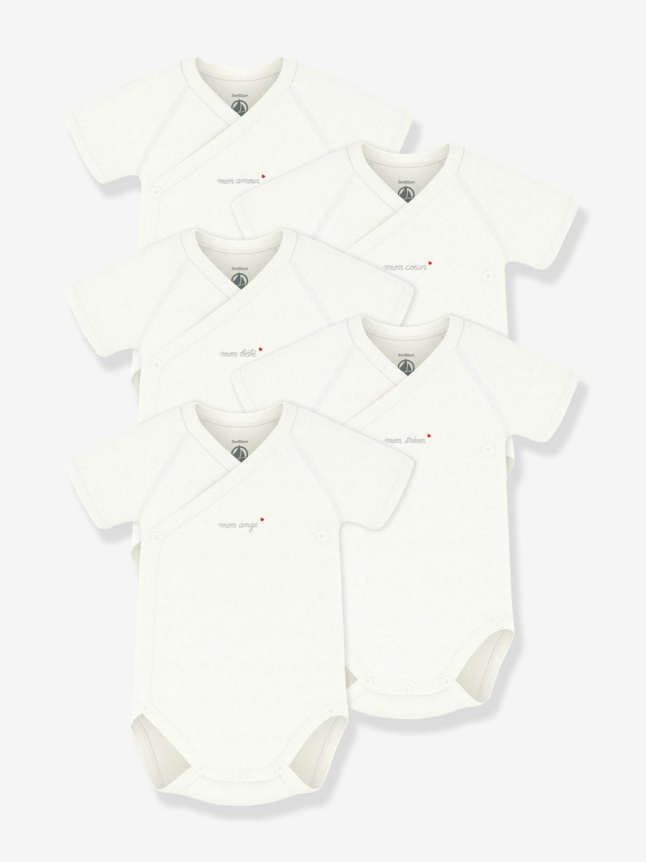 Lot 5 bodies croisés bébé coton Petit Bateau blanc