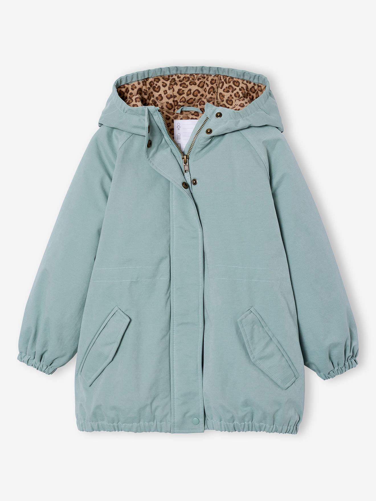 Parka longue fille capuche vert de gris