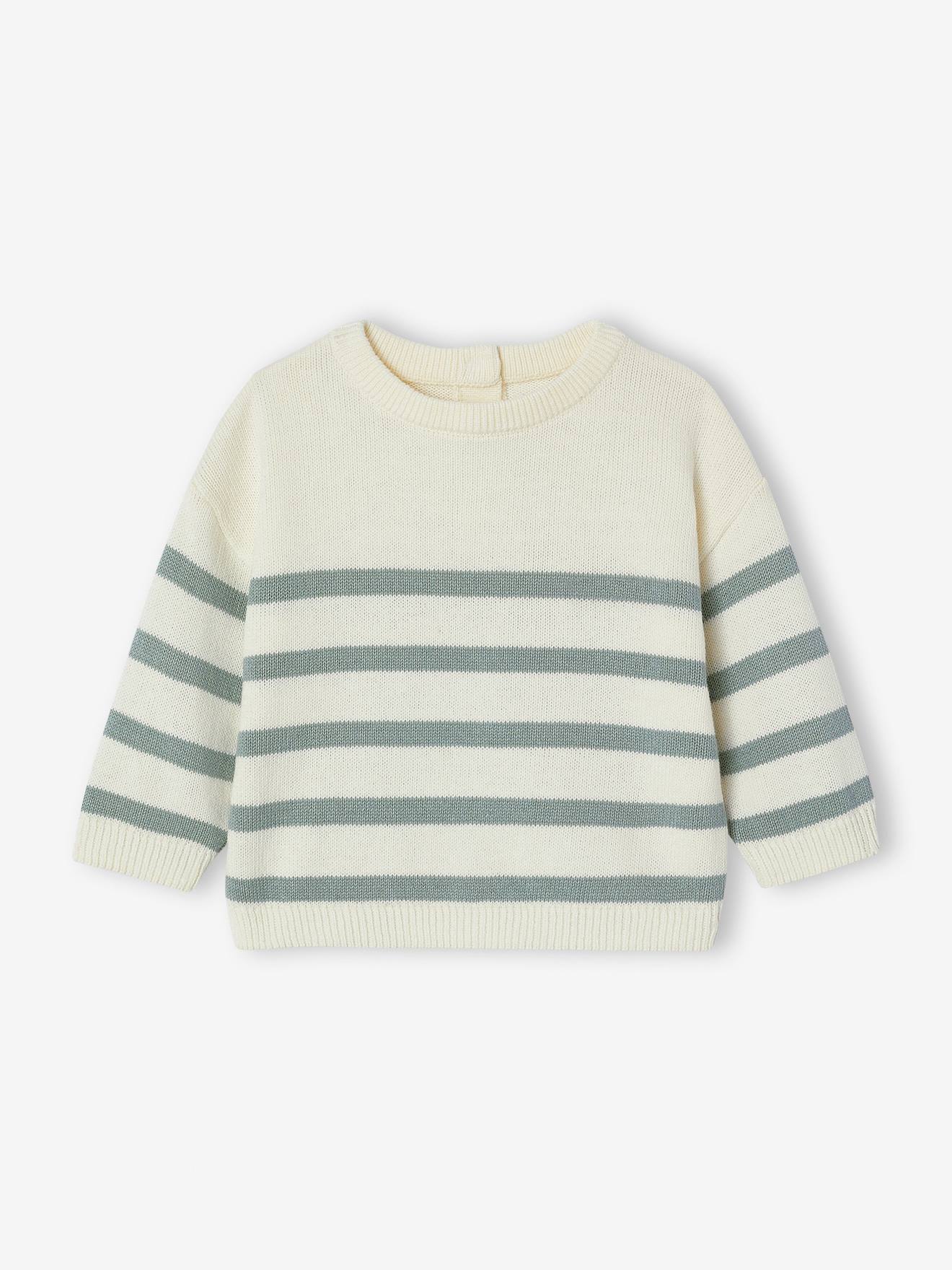 Pull bébé rayé en tricot vert sauge