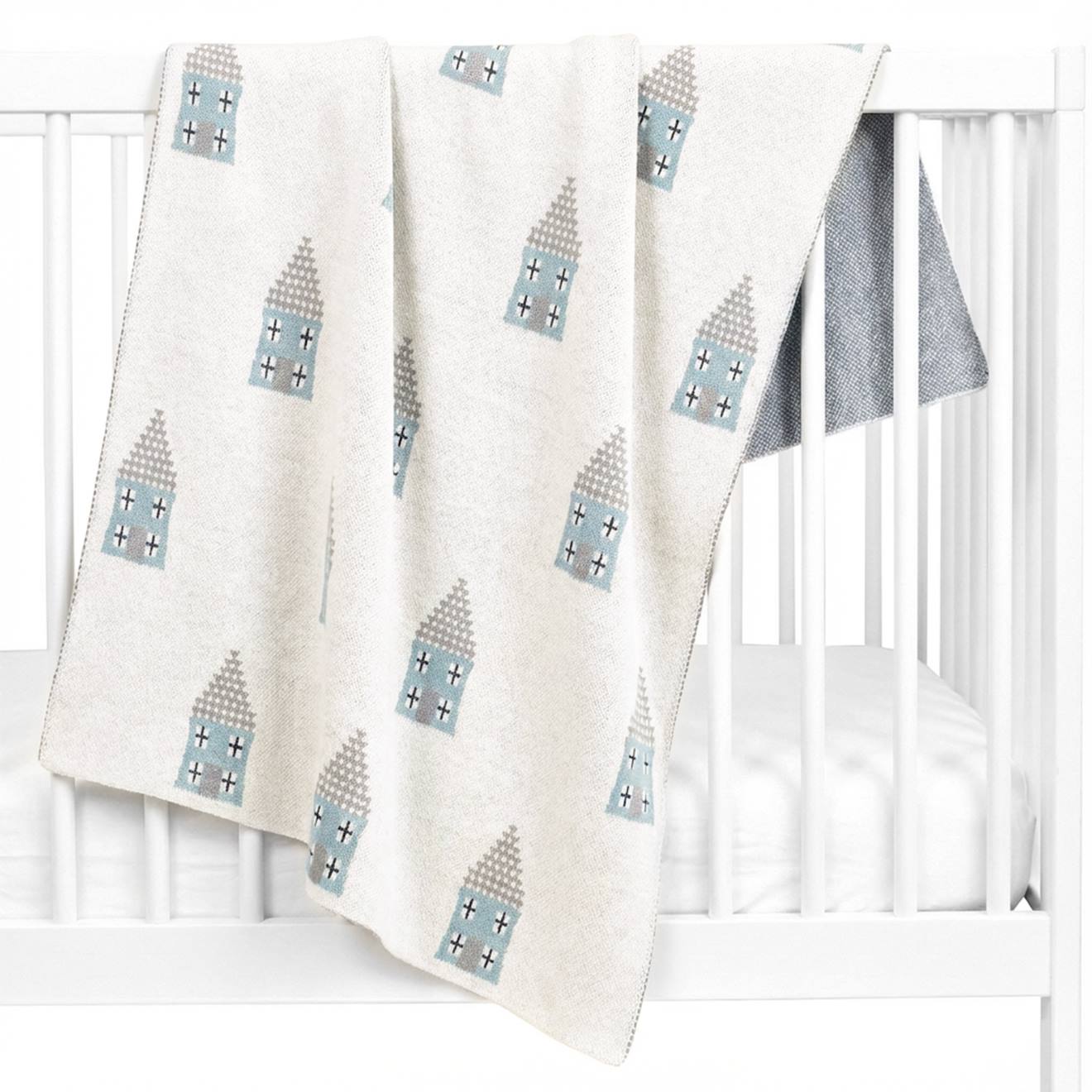 Couverture En Coton Bio Gots Écru, Motifs Bleu