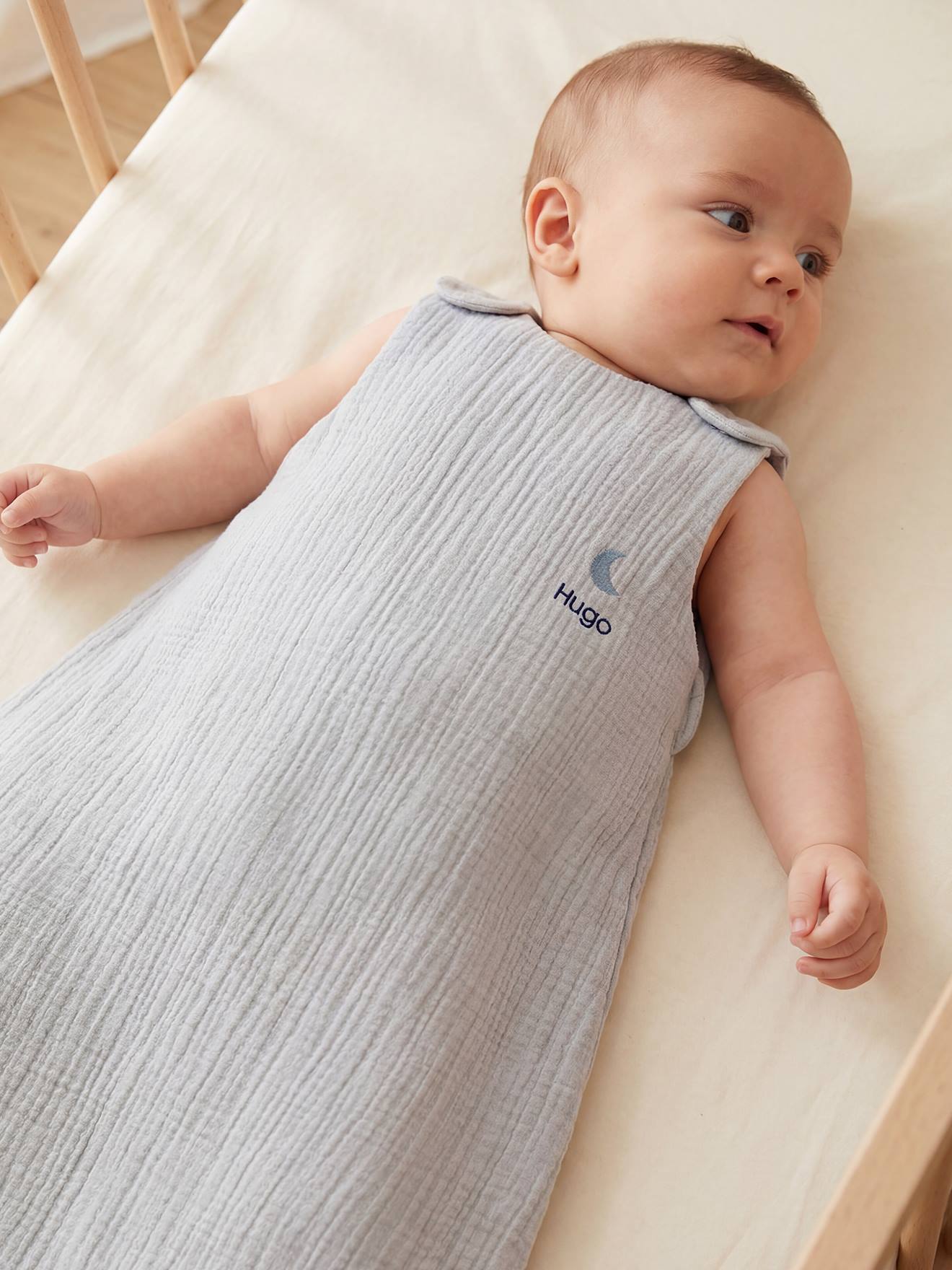 Gigoteuse été sans doublure en gaze de coton Bio*, personnalisable bleu grisé