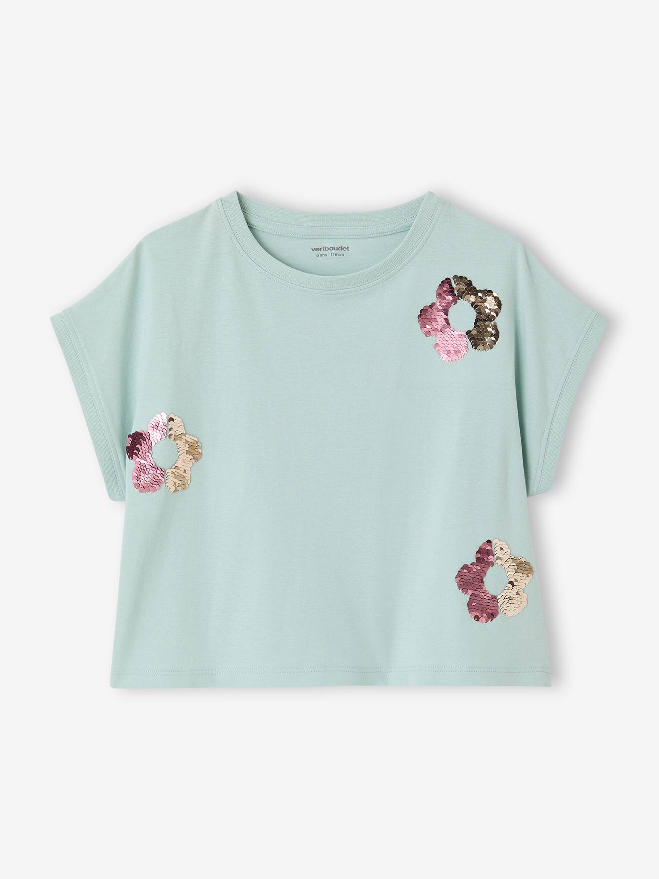 T-shirt fille motifs sequins vert d'eau