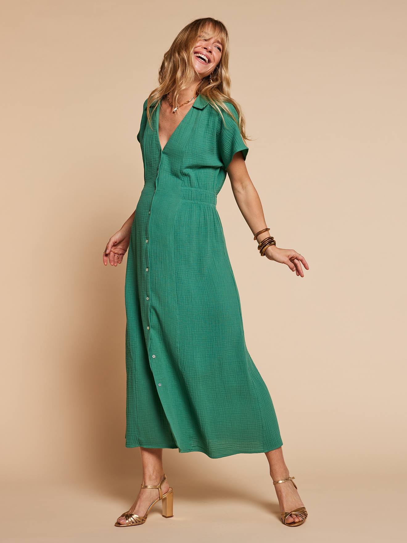 Robe longue col chemise grossesse allaitement vert émeraude