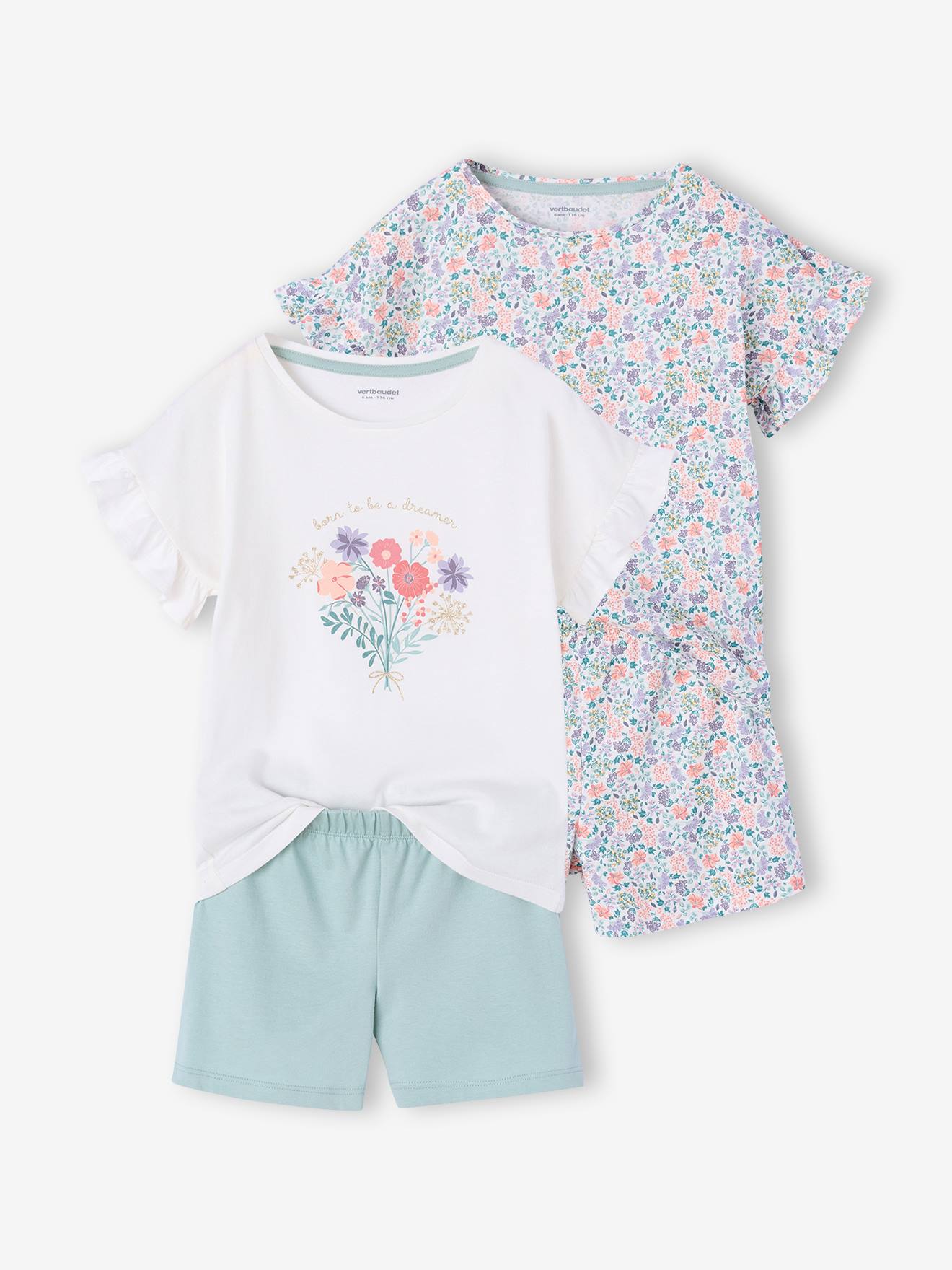 Lot de 2 pyjashorts fille manches courtes en coton écru