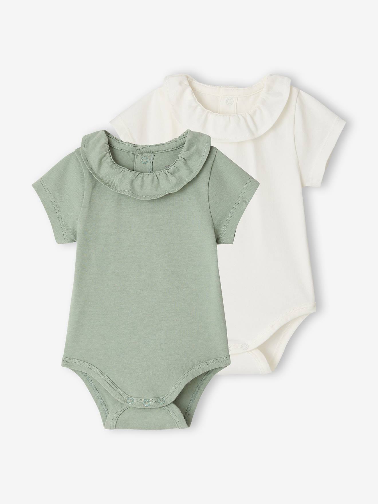 Lot de 2 bodies bébé naissance col fantaisie manches courtes vert sauge