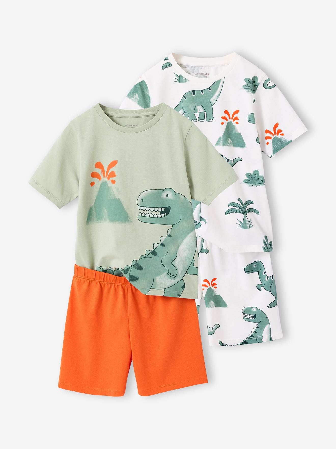 Lot 2 pyjashort garçon dinosaure vert sauge