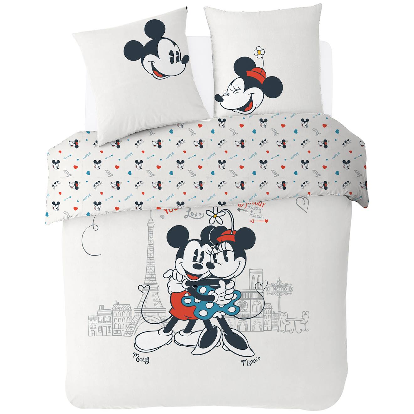 Housse De Couette Disney Mickey Et Minnie Paris Love Coton Ecru