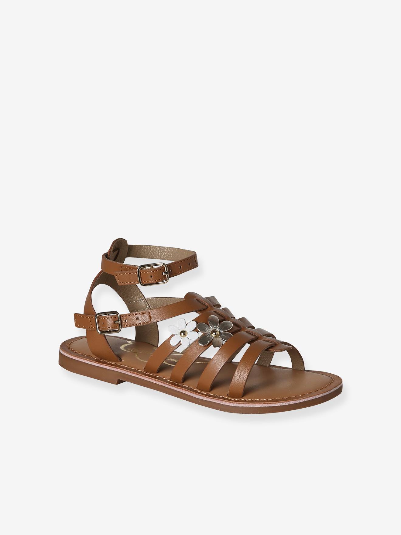 Sandale spartiate fille cuir à boucles camel