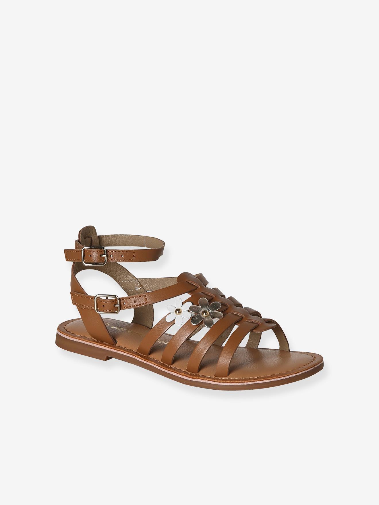 Sandale spartiate fille cuir à boucles camel