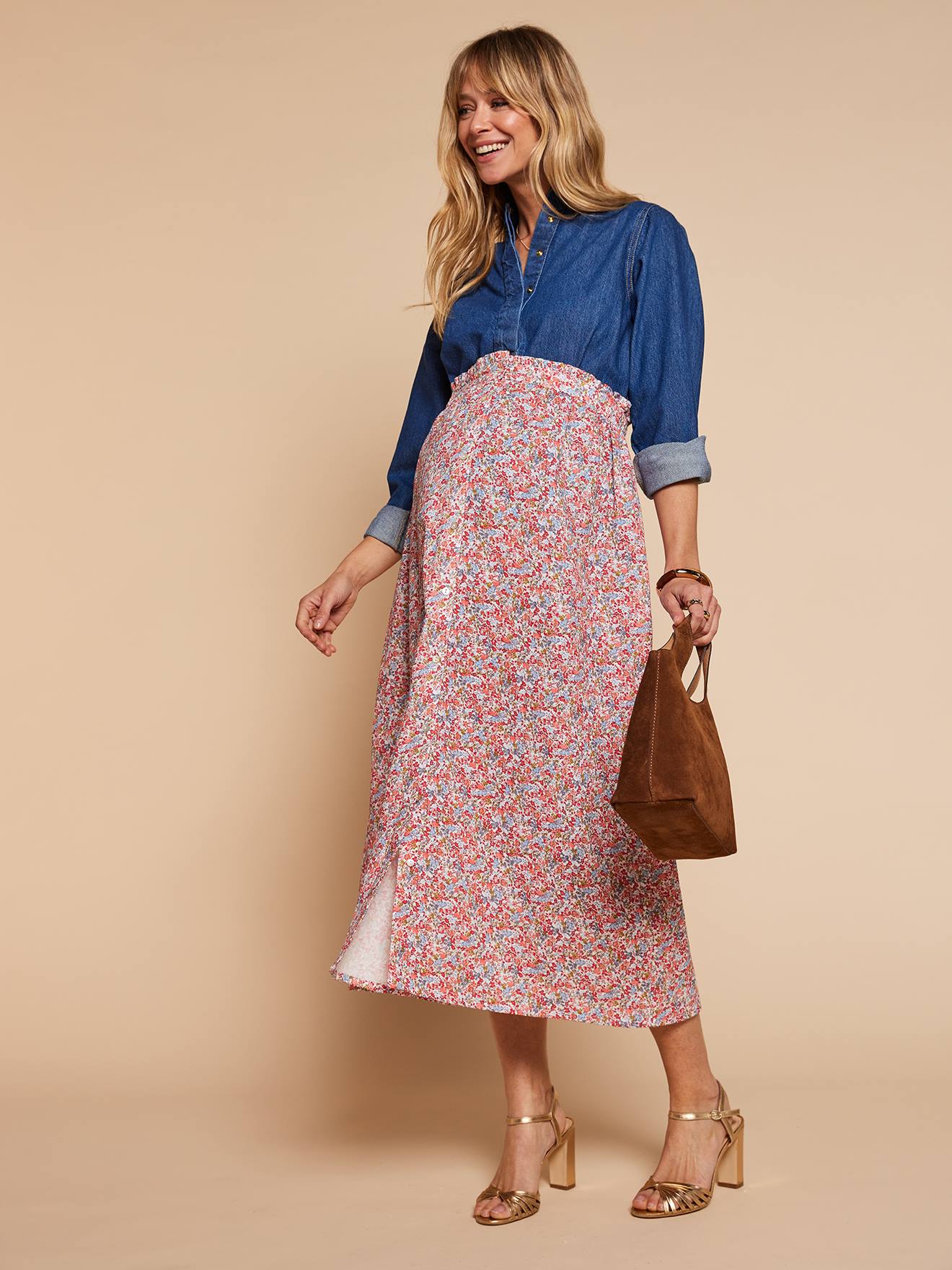 Jupe longue taille élastiquée motif fleuri multicolore