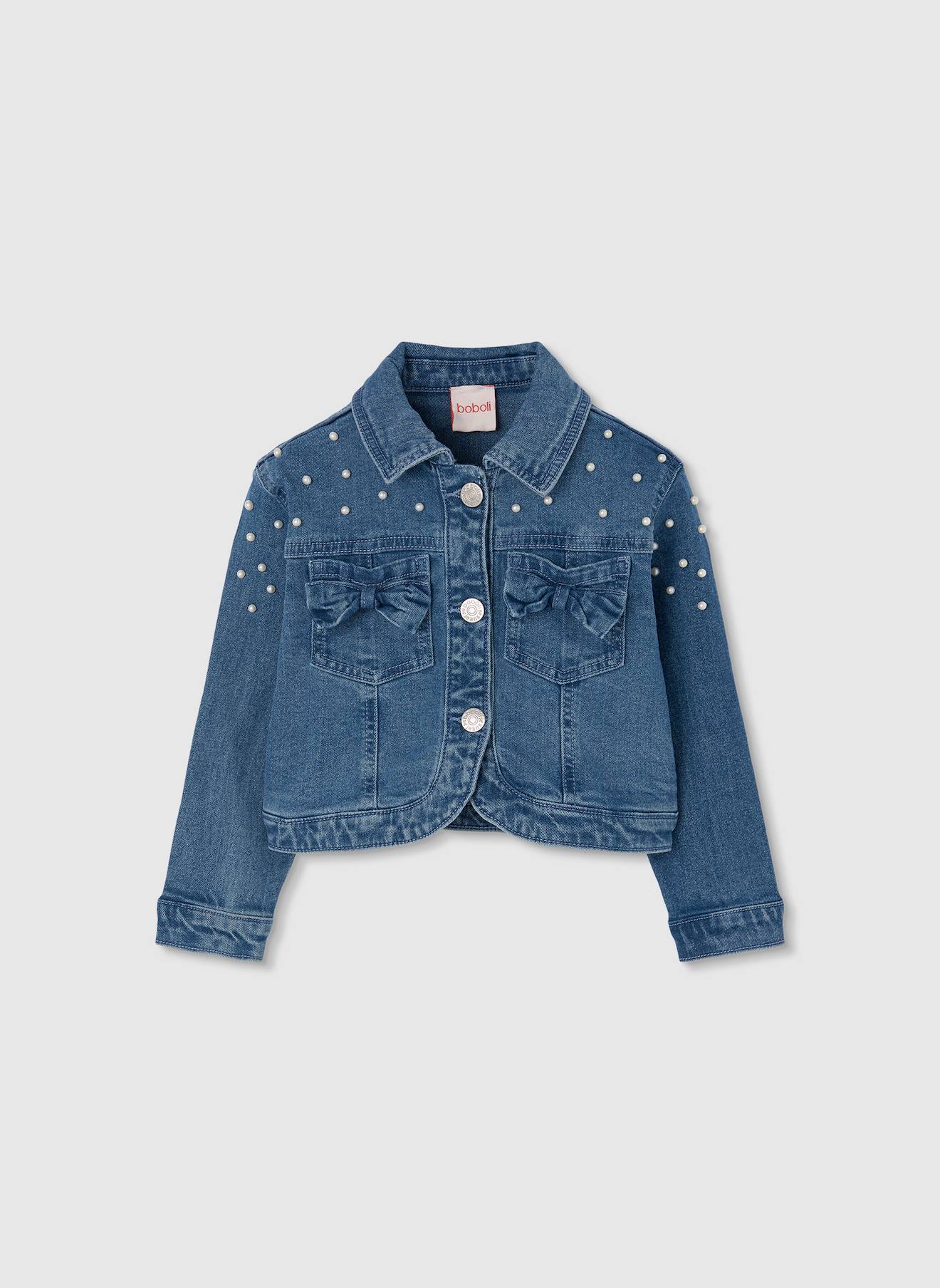 Veste en jean fille délavée avec petits noeuds bleu