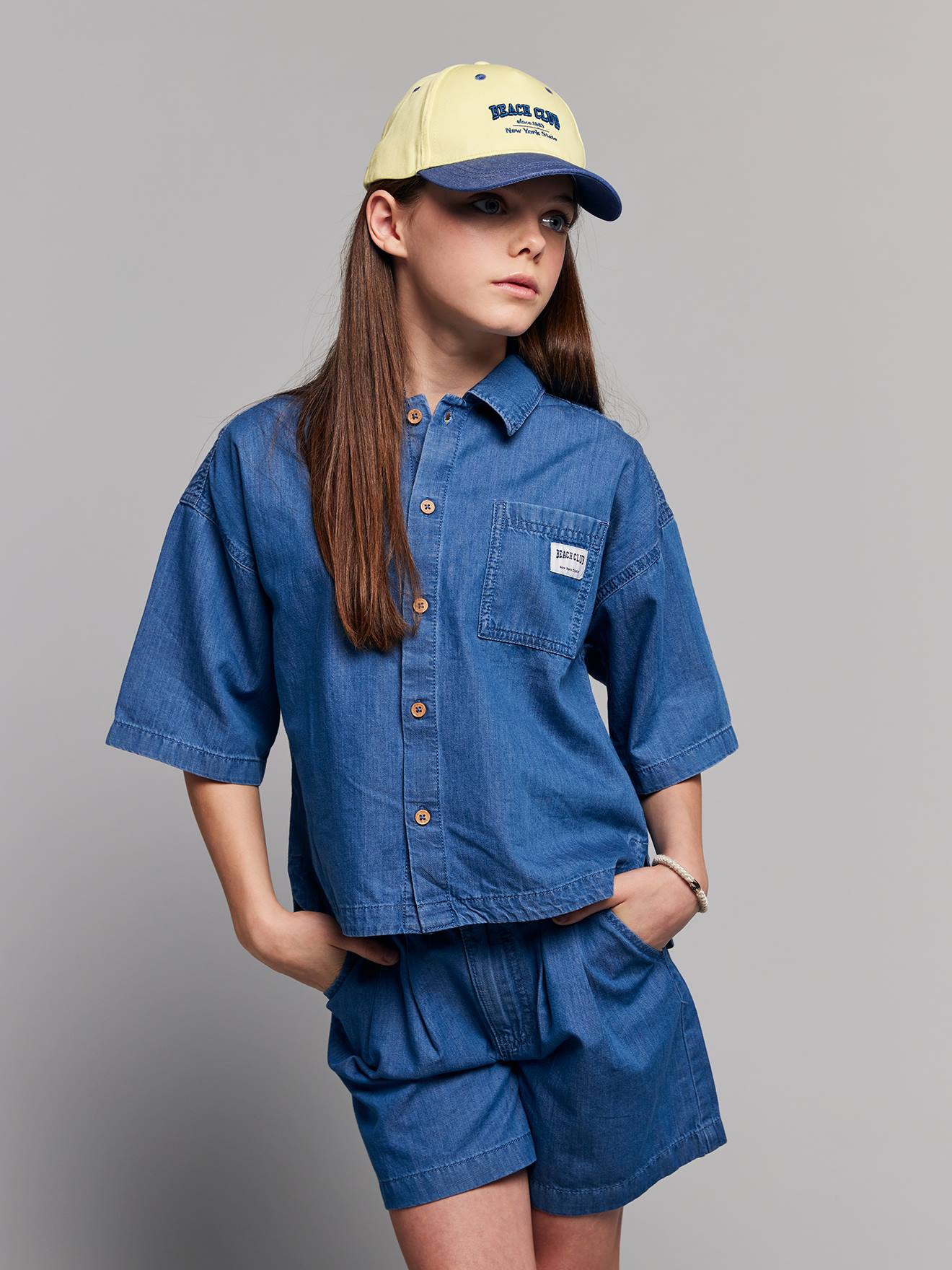 Ensemble short chemise fille denim léger bleu moyen