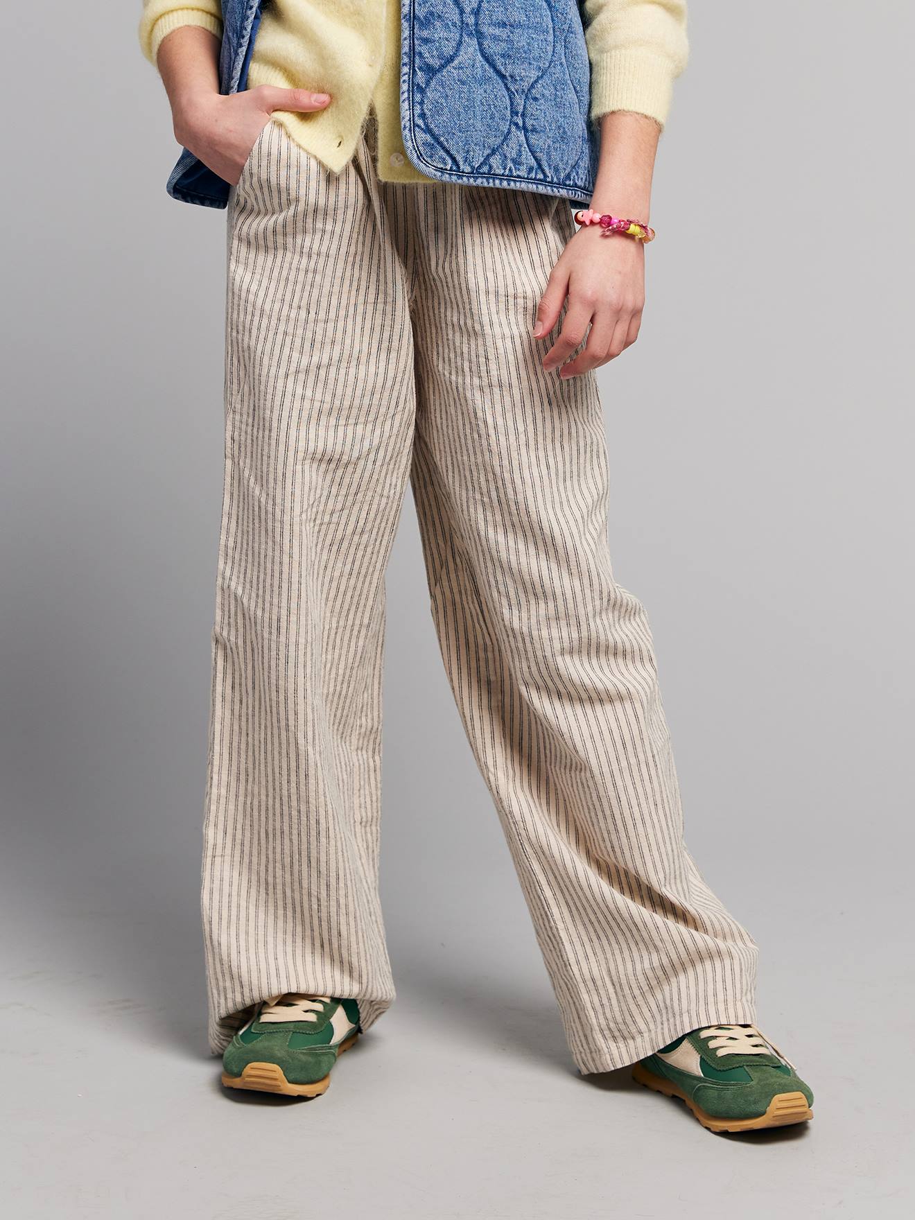 Pantalon large fille fluide rayé beige