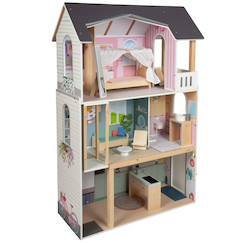 Jouet-Grande maison de poupée en bois avec mobilier complet, ascenseur et espaces de jeu réalistes