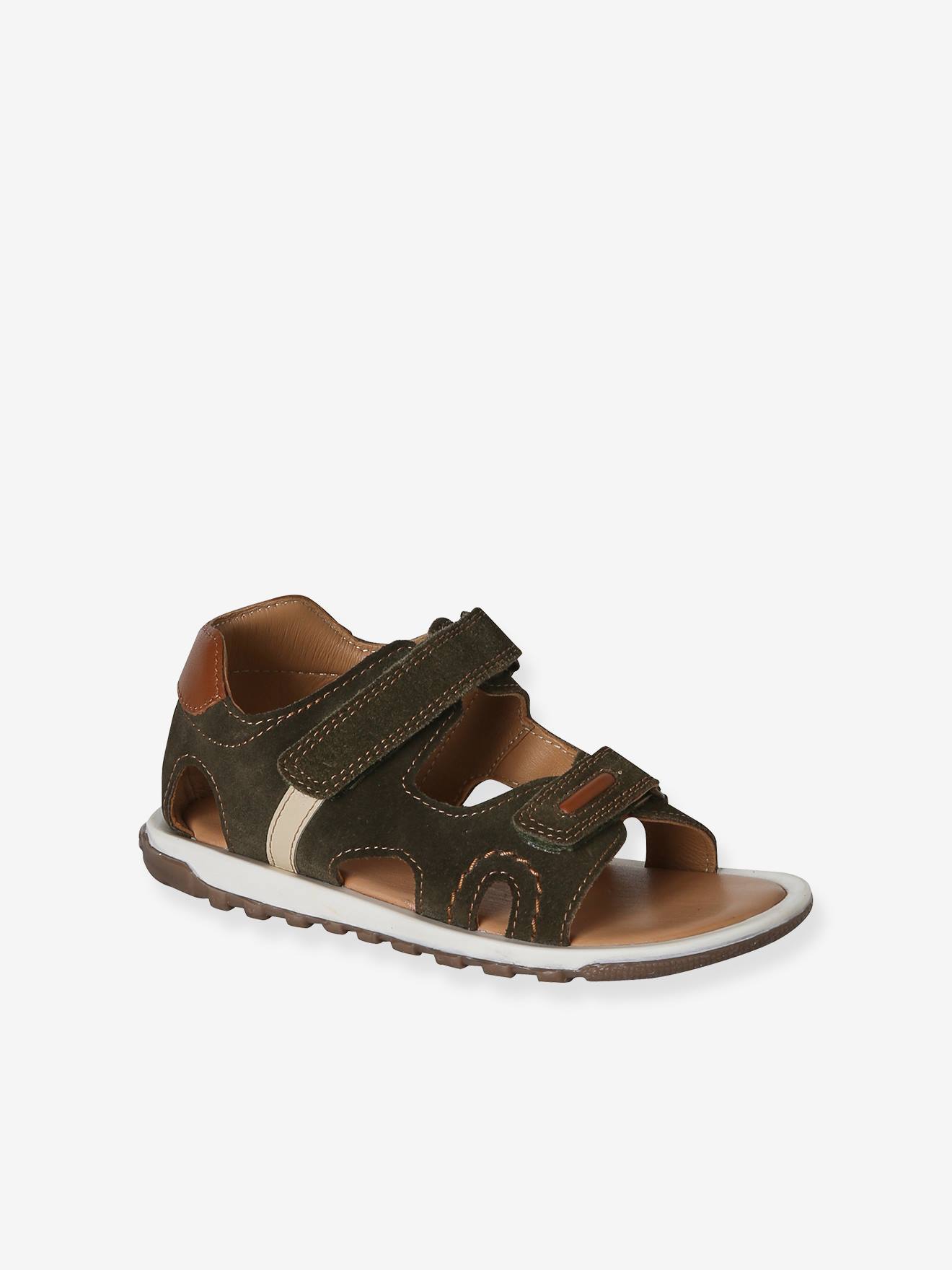 Sandales garçon cuir à scratchs kaki