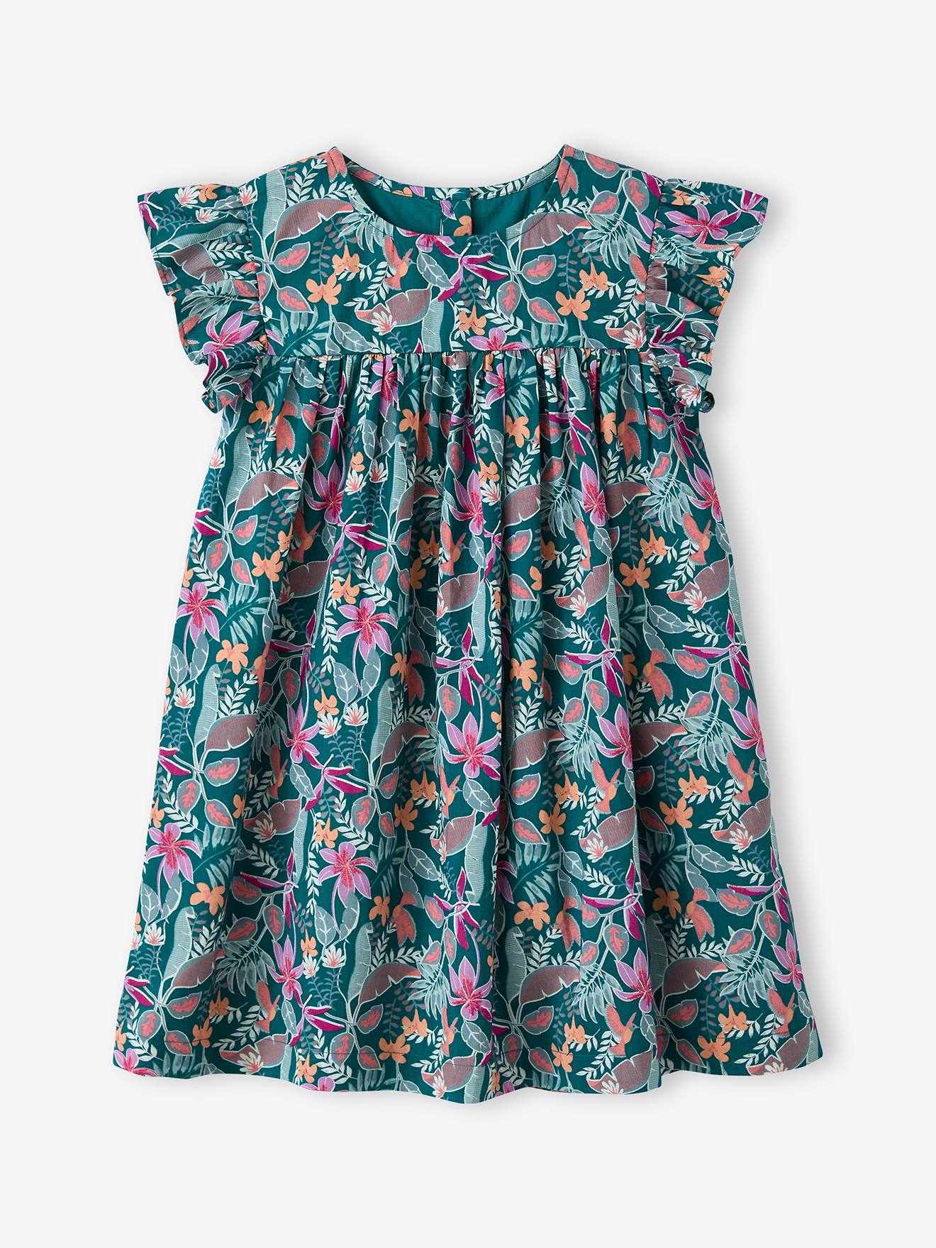 Robe fille imprimée fille manches à volants vert émeraude