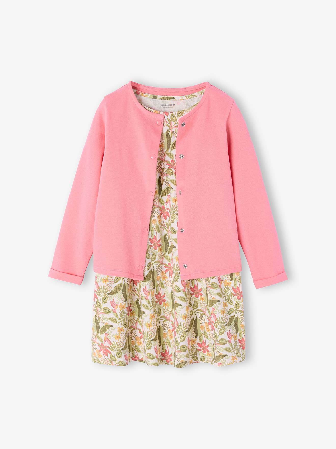 Ensemble fille robe + gilet rose imprimé