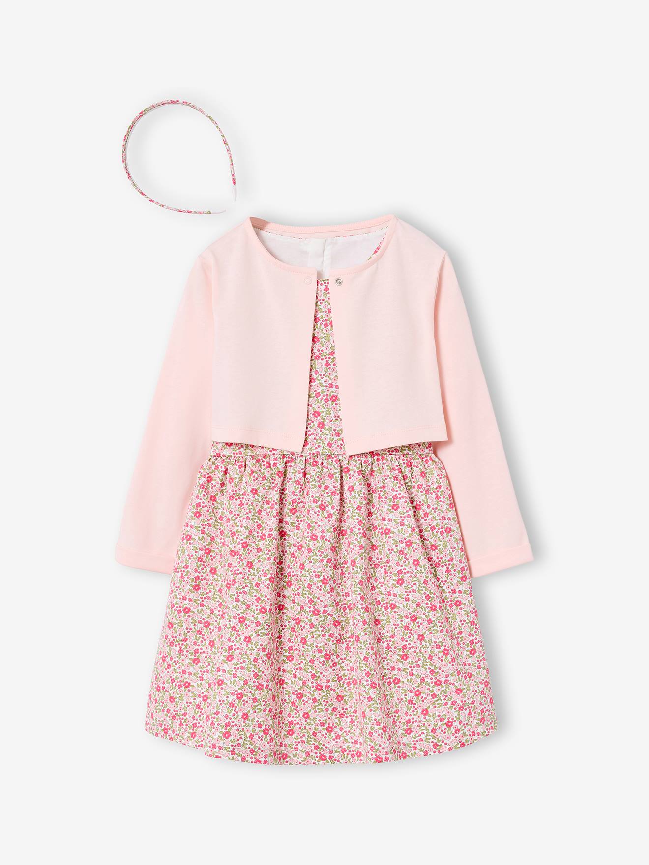 Ensemble 3 pièces robe cardigan serre tête rose pâle