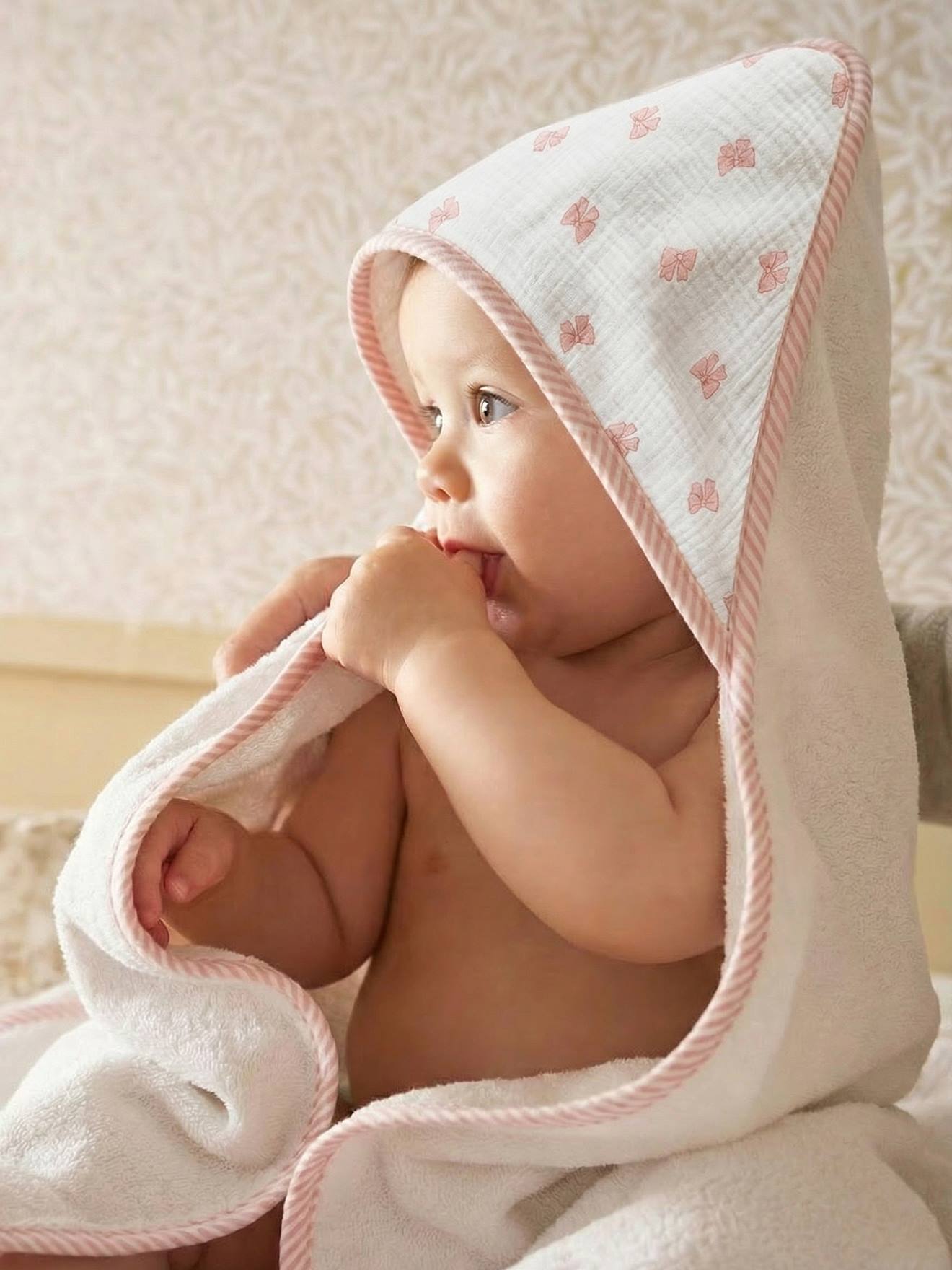 Cape de bain personnalisable et gant de toilette NOEUDS blanc imprimé