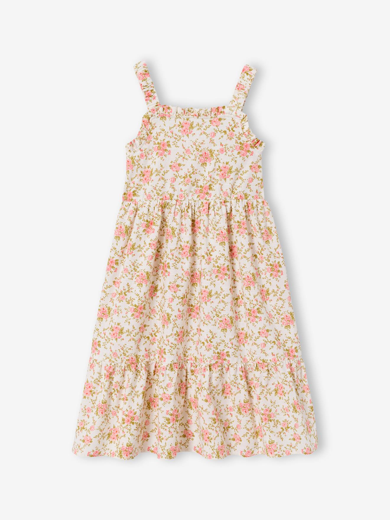 Robe mi longue imprimée fleurs écru