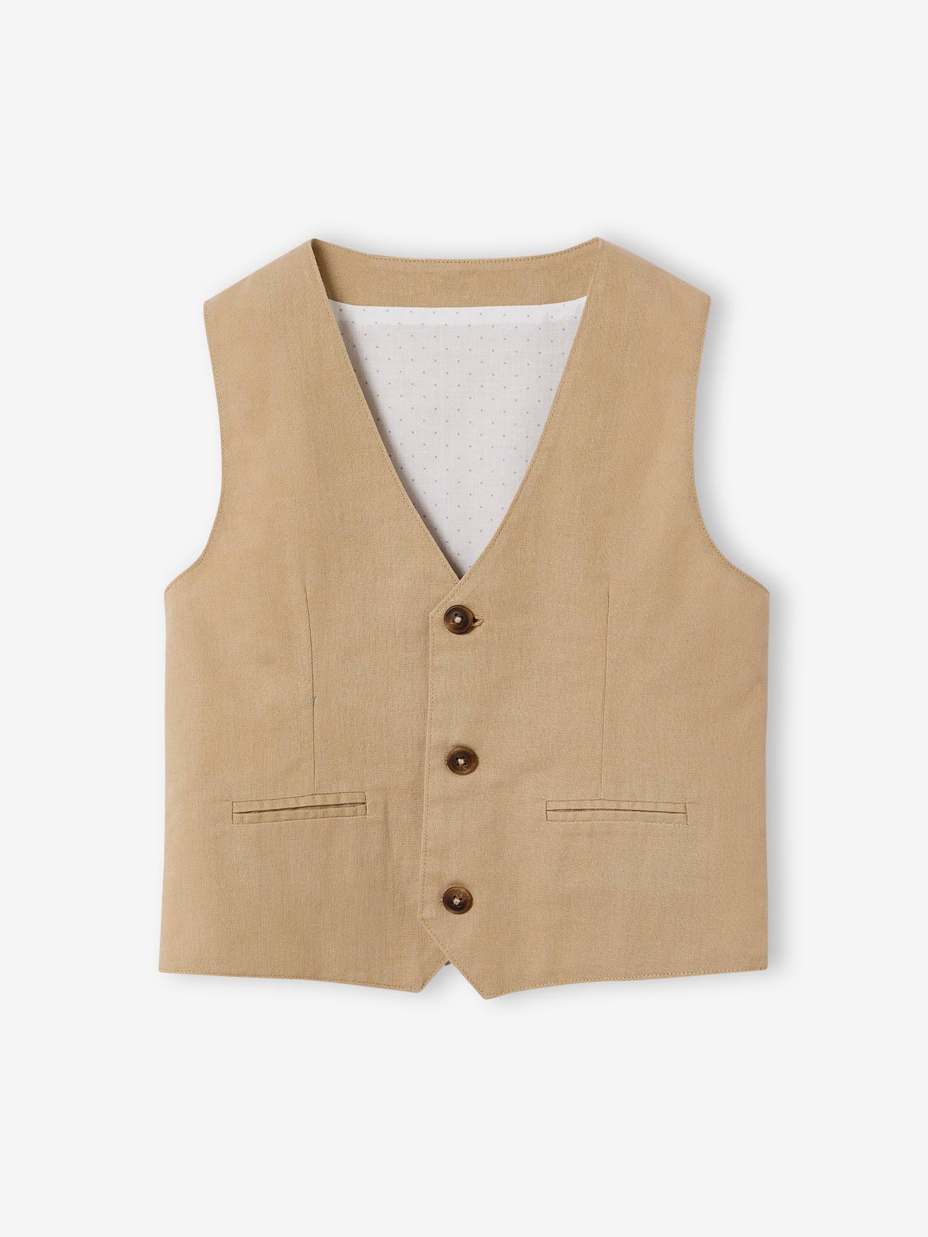 Veste garçon cérémonie sans manches en coton/ lin beige