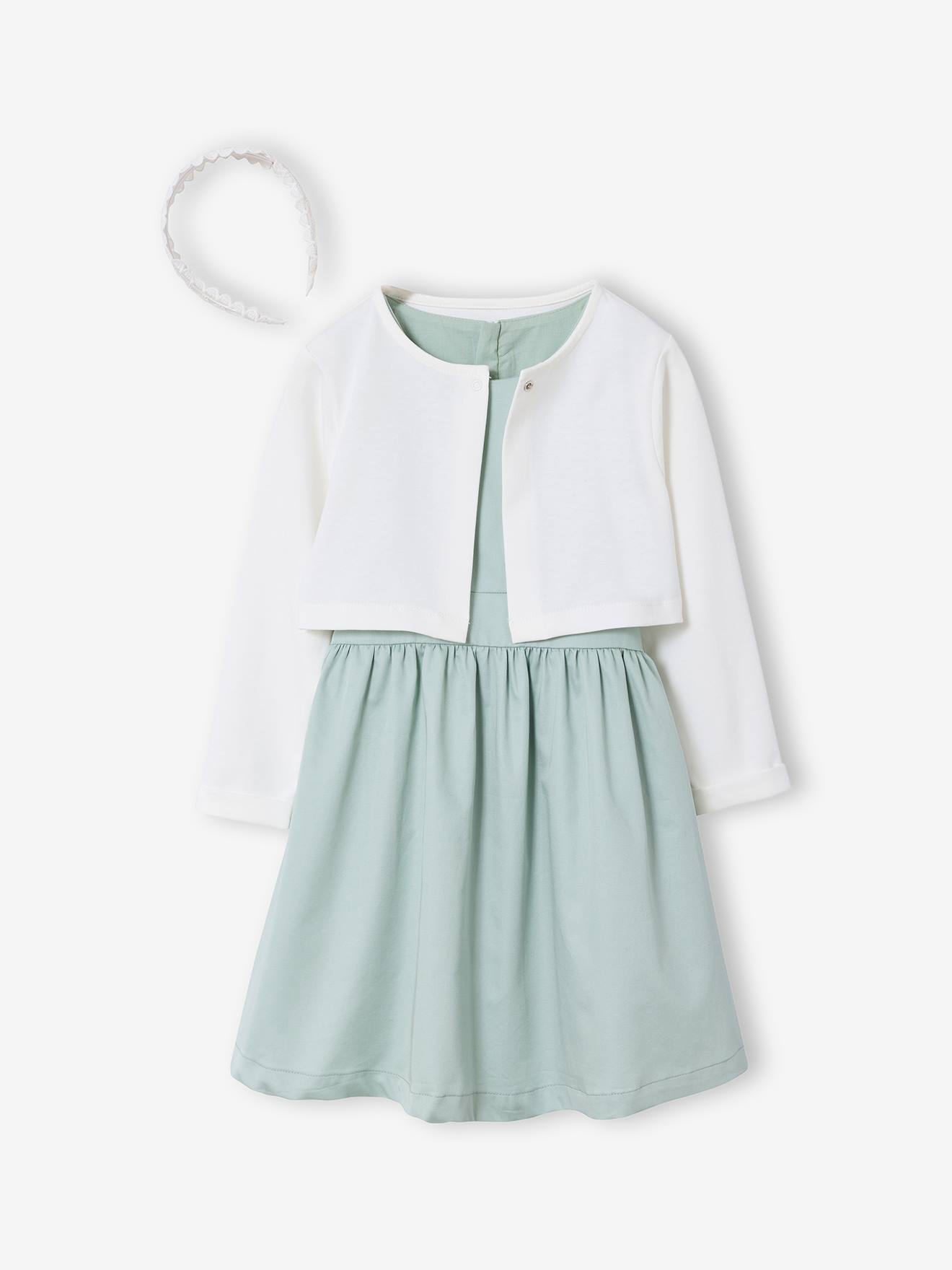 Ensemble robe patineuse boléro serre-tête vert sauge