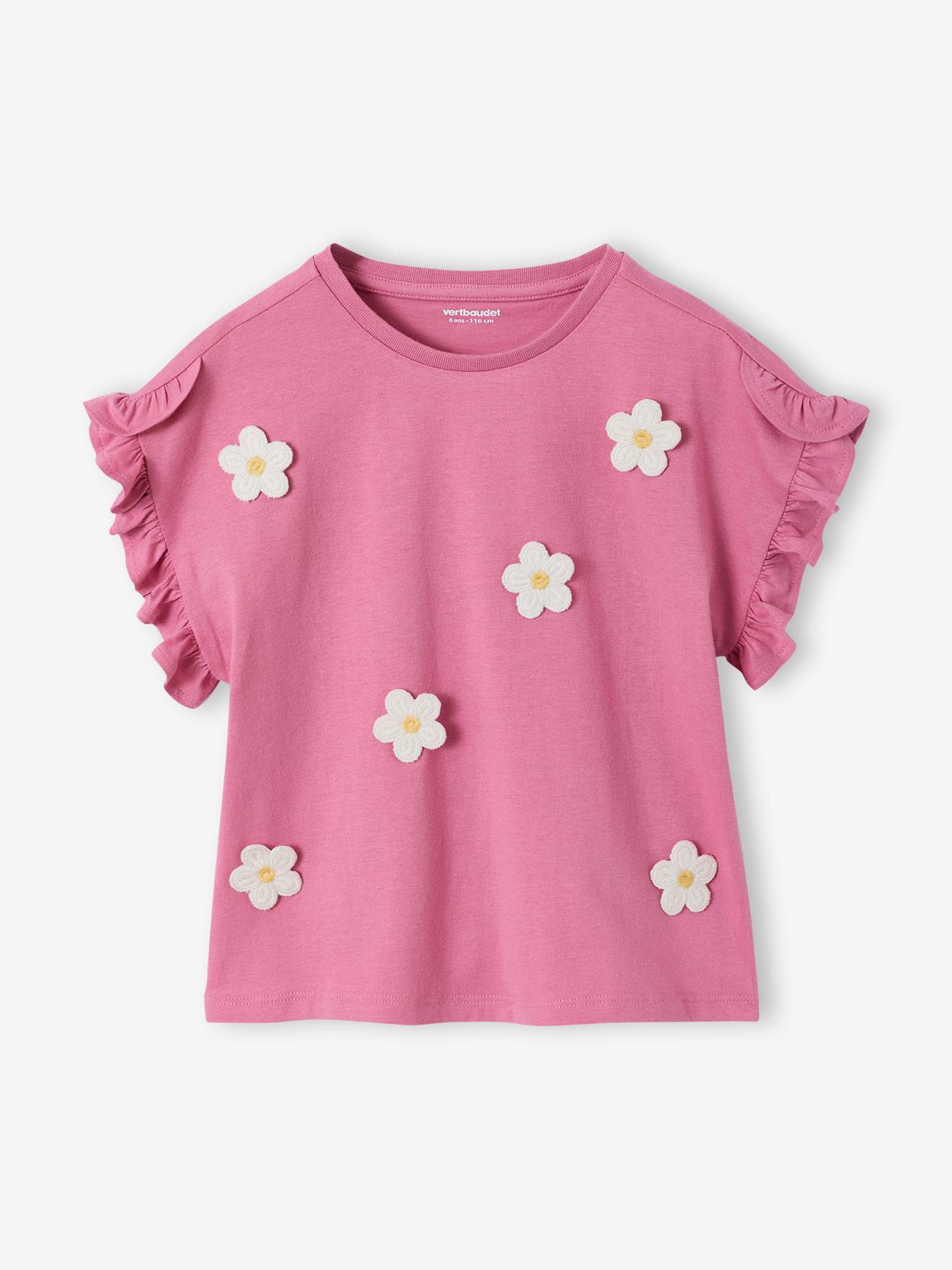 Tee-shirt fille motif romantique manches courtes volant rose 11 €