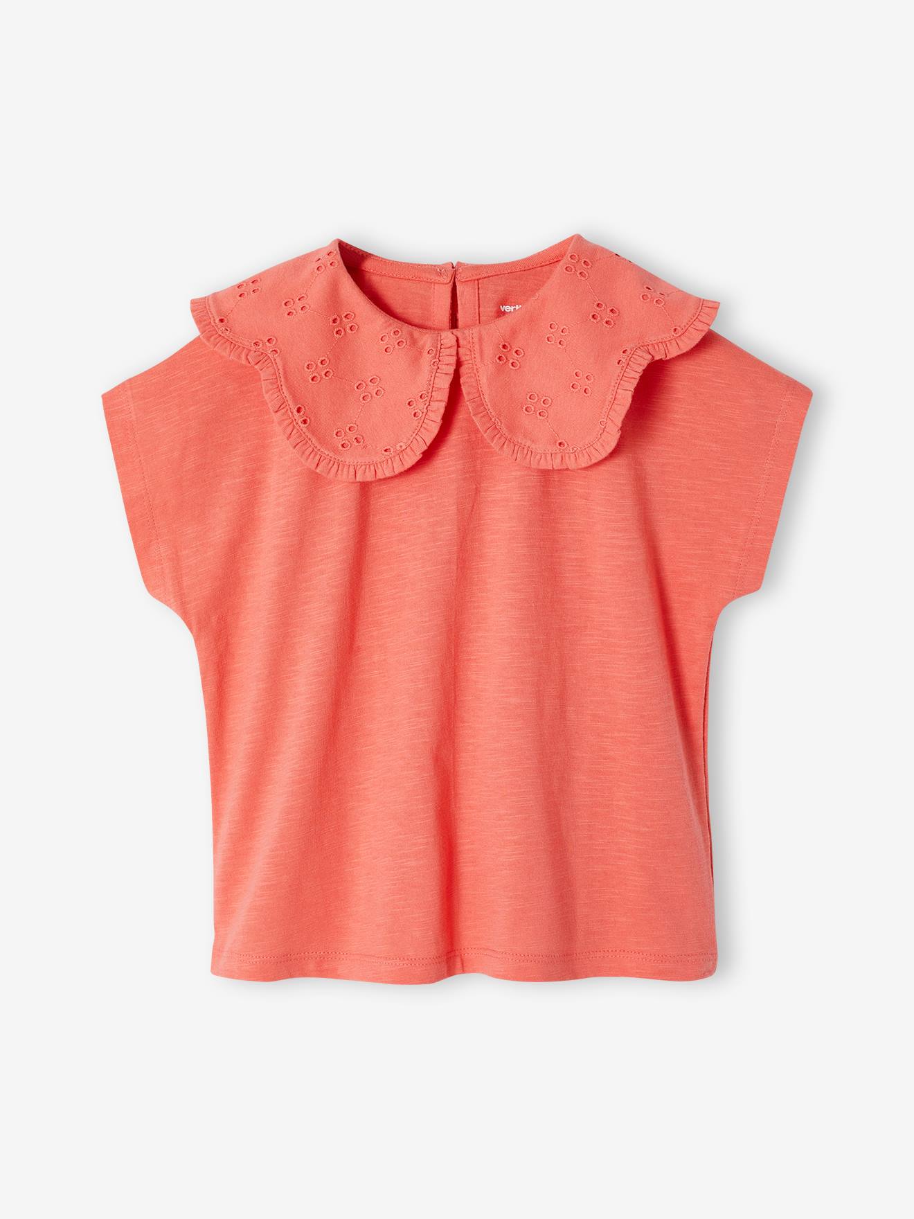 T-shirt fille col brodé fantaisie corail